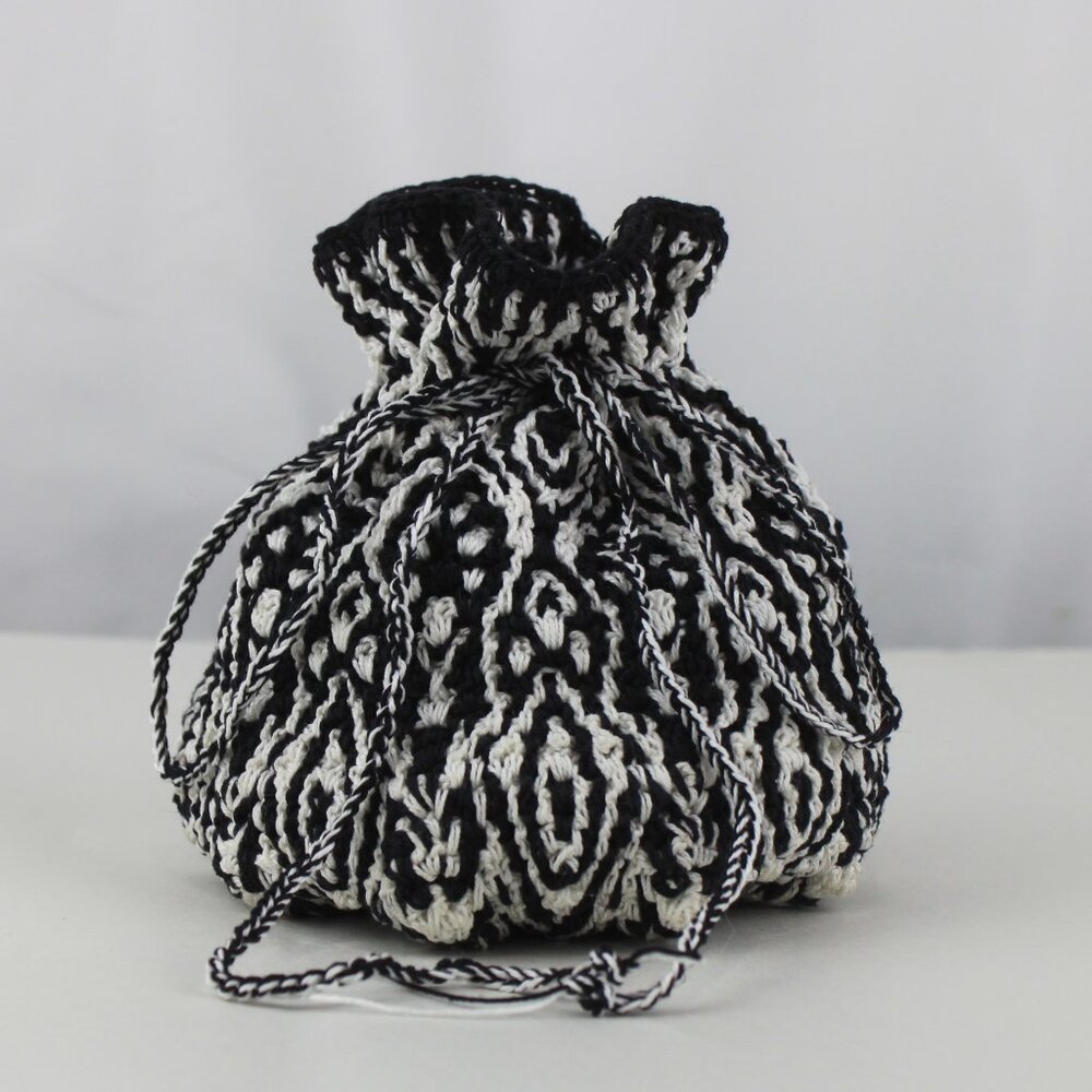 Handcrafted White Black Crocheted Intricate Drawstring Pouch Bag